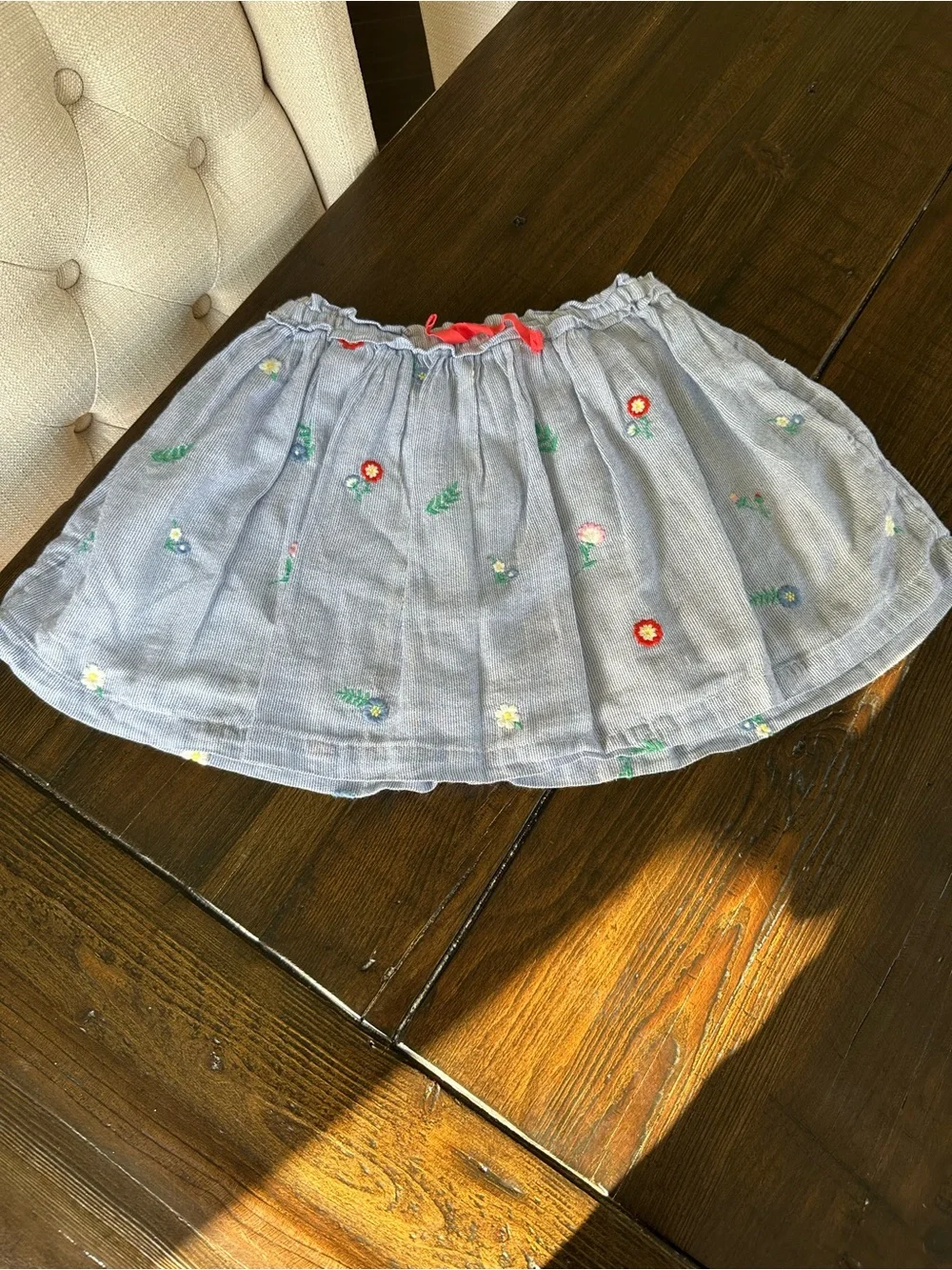 Mini Boden Light Blue Micro Striped Floral Embroidered Skirt